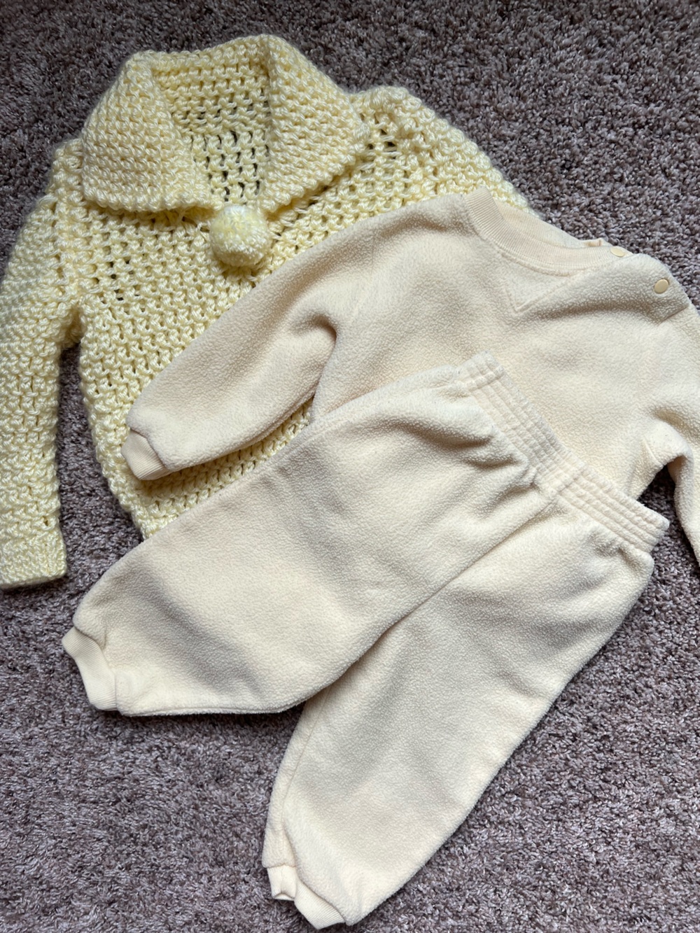 Vintage Baby Bundle Yellow Fleece Set Handmade Crochet Sweater 12/18 M